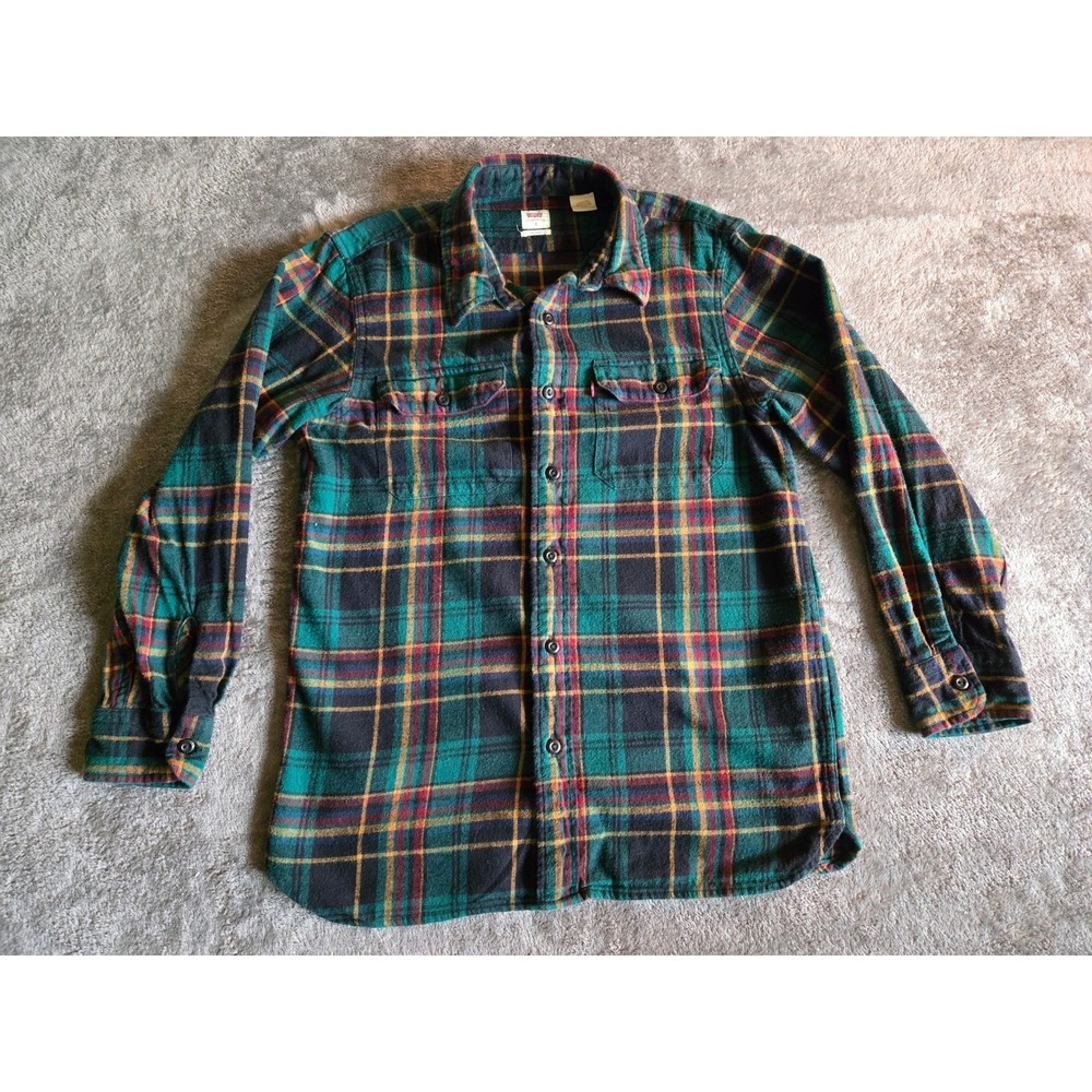 Levis Flannel Shirt Mens Small Green Plaid Relaxed Fit Excellent Long Sleeve